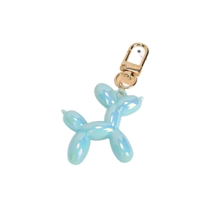 Iridescent light blue balloon dog keychain with golden lobster clasp on white background