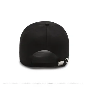 Detailed back view of a black baseball cap with an adjustable silver metal buckle