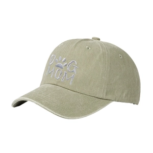 Washed olive green baseball cap with Dog Mom embroidery and paw print on high-quality fabric