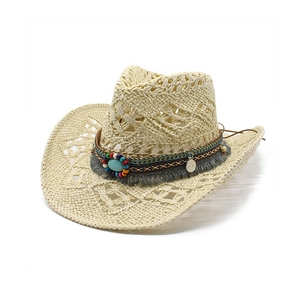 Handmade woven straw cowboy hat with bohemian turquoise beads and grey fringe tassels