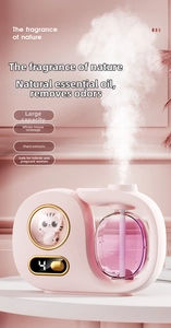 Detail of pink cat-themed humidifier showing fine mist spray and LED digital display