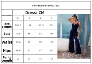 Detailed size guide table for velvet strappy jumpsuit with bust, waist, and hip measurements