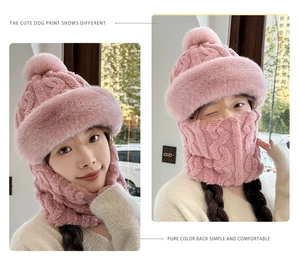 Detailed views of women's pink plush knit hood and scarf set with faux fur lining