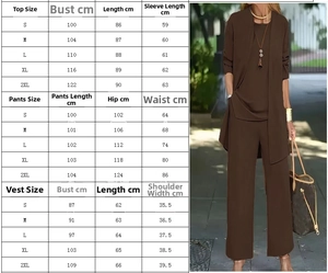 Tableau des tailles détaillé pour ensemble femme 3 pièces cardigan, gilet et pantalon