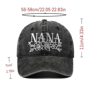 Detailed size chart of the washed black NANA embroidery baseball cap with floral design