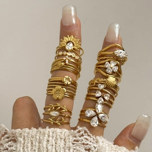 Bohemian gold plated titanium steel ring set with crystal accents and butterfly charms