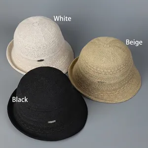 Three-piece set of knitted breathable bucket hats in white, beige, and black colors