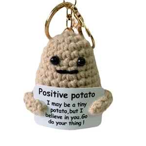 Handmade crochet positive potato keychain with motivational card and golden ring