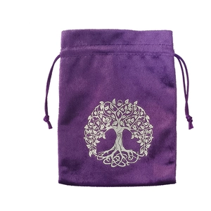 Detail of purple velvet tarot pouch with silver tree of life print and drawstring closure