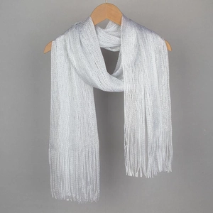 Silver glitter shawl scarf with metallic thread and fringes on a wooden hanger