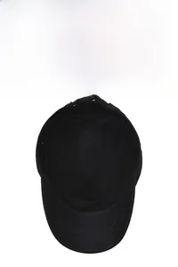 Internal view of the black cotton flat top army cap with metal buckle and stitching details