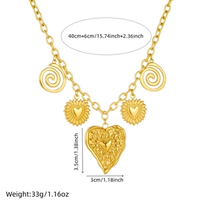 Gold-plated stainless steel necklace with irregular heart and spiral pendants, 40+6cm size