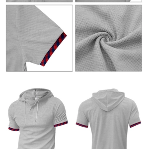 Men's light grey waffle knit hoodie set with red and blue plaid hem details and texture
