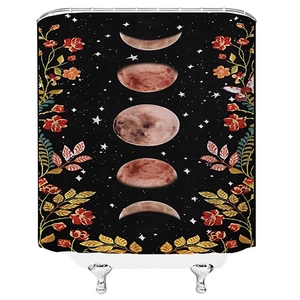 Detailed view of sun moon phase shower curtain with red floral and golden leaf patterns