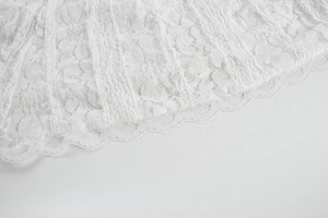 Detail shot of intricate white floral lace fabric with delicate scalloped wavy edges