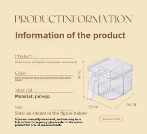 Detailed dimension guide for the 4-compartment seasoning box in PET and PP material