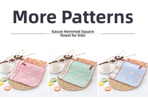 Detail of six-layer cotton gauze baby towels with fish print and contrast stitched edges