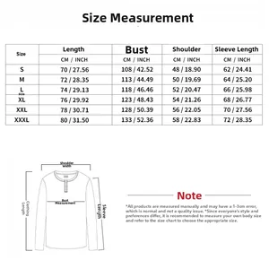 Detailed size chart for men's hooded hoodie with measurements in centimeters and inches