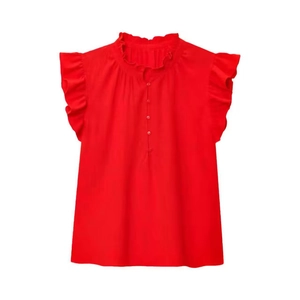 Women's red sleeveless linen blend blouse with ruffled stand collar and button-front detail