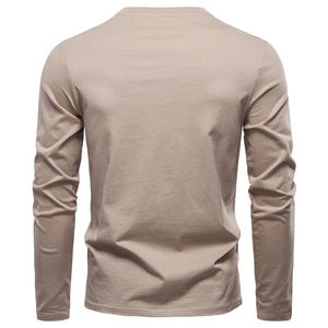 Rear view of khaki slim fit long sleeve cotton T-shirt showing fabric texture and drape