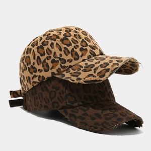 Retro leopard print baseball caps with distressed brim and adjustable metal strap back