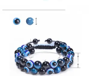 Detail diagram showing adjustable black braided cord and 8mm blue tiger eye beads
