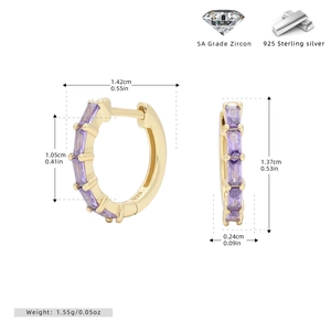 Detail view of 925 sterling silver hoop earrings with purple 5A cubic zirconia and dimensions