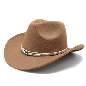 Brown wool felt cowboy hat featuring a wide brim and blue evil eye charms decoration