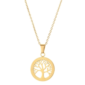 Golden Tree of Life stainless steel pendant necklace with sunburst textured edge