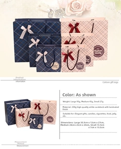 Detailed size chart for plaid gift bags showing small medium and large dimensions