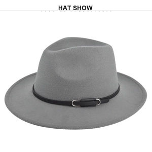 Detail view of grey wool fedora hat featuring a black leather belt and oval metal buckle