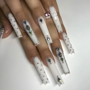 Extra Long Coffin Press On Nails White Milky Base Iridescent Rhinestones Pink Heart Jewel Silver Chain Handcrafted Manicure