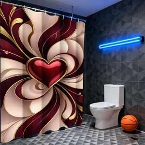 Détail du rideau de douche en polyester avec cœur rouge 3D et motifs tourbillons abstraits