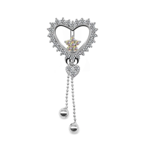 Elegant silver heart belly ring with star pendant and cascading tassel chains