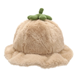 Cute light brown plush pumpkin bucket hat with green sprout decor for winter