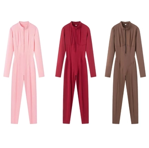 Slim fit long sleeve bodysuits with zipper high neck in pink, dark red and brown colors