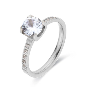 Classic silver stainless steel ring with 6mm round zircon and pavé side stones