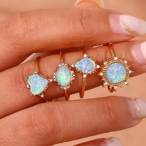 18K gold plated adjustable opal ring set with heart, oval and teardrop shapes