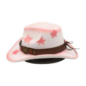 Close-up of pink and white gradient cowboy hat with star patterns and ox head leather band