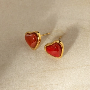 Minimalist 18k gold stainless steel stud earrings with red heart inlay for women