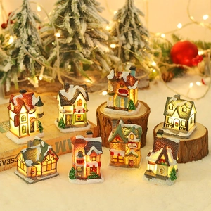 Christmas Miniature Village Snow House Resin LED Glowing Tabletop Ornament Festive Party Scene Decor Landscape