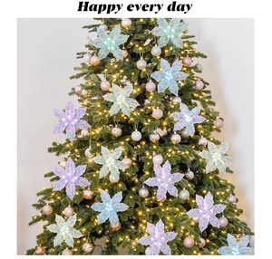 Macro detail of mint green and lavender star ornaments with sequins on a Christmas tree