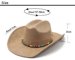 Detailed view of khaki suede cowboy hat showing dimensions and bohemian beaded hat band