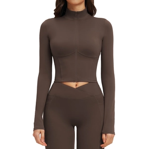 Slim fit dark brown yoga jacket with stand collar and matching high-waisted leggings