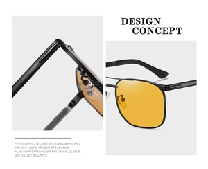 Detail view of black square sunglasses with yellow lenses and fine floral side carving