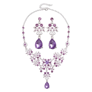 Exquisite purple crystal necklace and earrings set with vintage hollow flower teardrop pendants