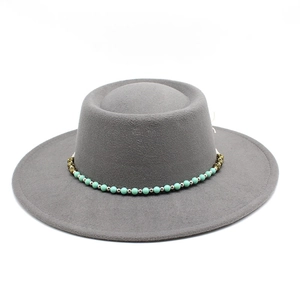Detail of grey wide brim felt hat featuring turquoise and gold beaded band decoration