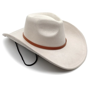 Close-up of beige suede cowboy hat showing textured wool finish and brown leather band