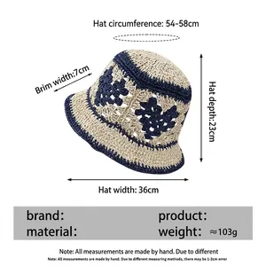 Chapeau de paille avec fleurs au crochet bleu et guide des tailles pour femmes