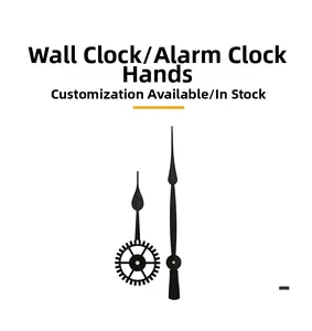 Detail view of black quartz clock hands with unique gear-shaped base on white background
